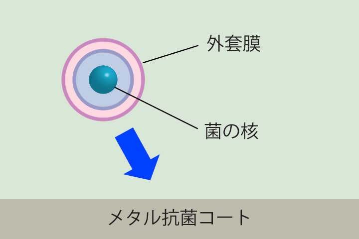 抗菌のメカニズムイラスト。細菌や真菌が付着